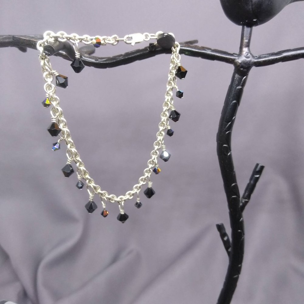 NWOT Bracelet or Anklet , Sterling Silver Cable Chain, Black Crystals, Handmade